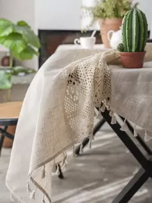 鏤空流蘇邊桌布 - 米色 - 查看 4