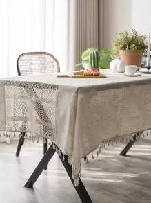 鏤空流蘇邊桌布 - 米色 - 查看 6