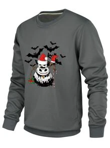 Men Pumpkin Print Sweatshirt, For Halloween - Dark Grey - View 5