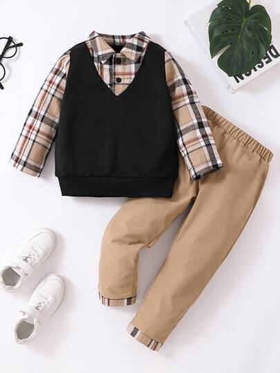 Souflis Souflis Young Boy Plaid Print 2 In 1 Top & Pants Baby Boy Plaid Outfitbaby Boys Sets Fall