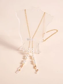 Faux Pearl Decor Face Covering Chain - Gold - View 2