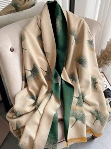 Boho 1入組女士仿純麂絨銀杏葉提花圍巾，厚實柔軟保暖透氣，適用於秋冬日常穿著 - 彩色 - 查看 1