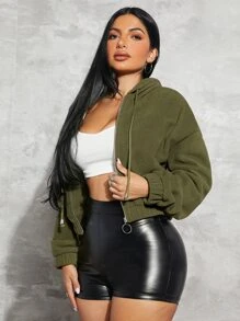 SHEIN SXY 落肩袖拉鏈連帽衫 - 軍綠色 - 查看 5