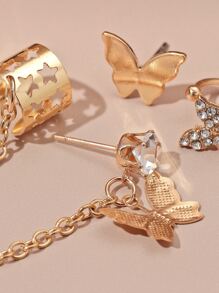 SHEIN ICON 2入組蝴蝶裝飾耳環和1入組耳夾 - 金黃色 - 查看 3