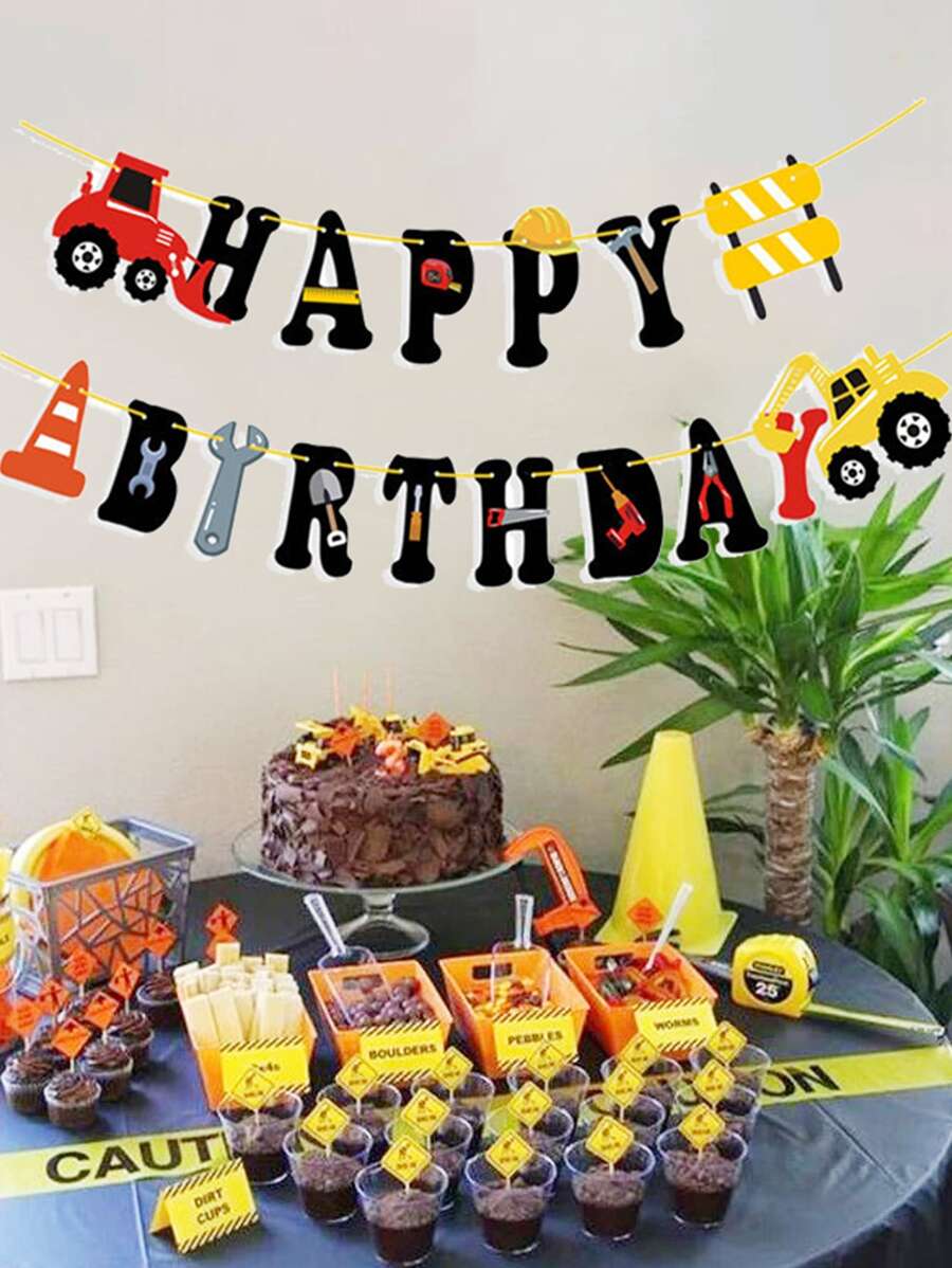 1pc Excavator Pattern Birthday Pull Flag - Multicolor - View 1