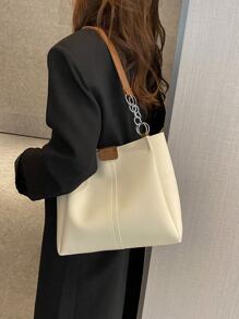 Bolso de hombro con cadena, de gran capacidad y diseño minimalista con efecto de piel sintética, con bolsillo interior. Ideal para adolescentes, mujeres, estudiantes universitarias, principiantes y trabajadores de oficina. Perfecto para la oficina, el trabajo, los negocios y los trayectos. - Beis - Ver 5