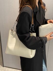 Bolso de hombro con cadena, de gran capacidad y diseño minimalista con efecto de piel sintética, con bolsillo interior. Ideal para adolescentes, mujeres, estudiantes universitarias, principiantes y trabajadores de oficina. Perfecto para la oficina, el trabajo, los negocios y los trayectos. - Beis - Ver 3