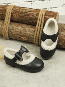 Girls Bow Decor Fluffy Flats - Black - View 2
