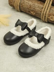 Girls Bow Decor Fluffy Flats - Black - View 4