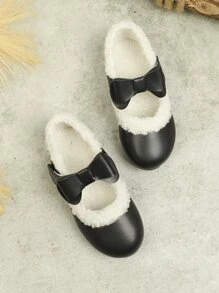 Girls Bow Decor Fluffy Flats - Black - View 6