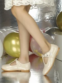 Girls Buckle Decor Mary Jane Flats - Apricot - View 2