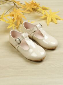 Girls Buckle Decor Mary Jane Flats - Apricot - View 5