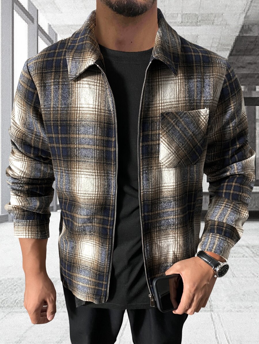 Manfinity Men Plaid Patched Pocket Overcoat - Multicolor - View 1