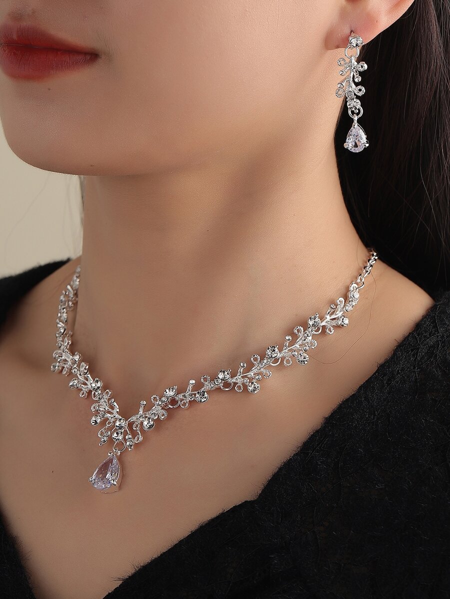 3pcs Cubic Zirconia Decor Jewelry Set - Silver - View 1
