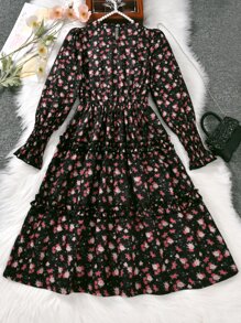 SHEIN Tween Girl Ditsy Floral Flounce Sleeve Frill Trim Dress