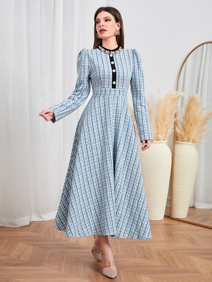 Modelyn Plaid Print Puff Sleeve Dress - Baby Blue - View 1