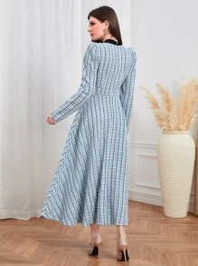 Modelyn Plaid Print Puff Sleeve Dress - Baby Blue - View 2