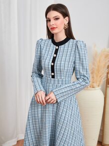 Modelyn Plaid Print Puff Sleeve Dress - Baby Blue - View 4