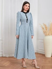 Modelyn Plaid Print Puff Sleeve Dress - Baby Blue - View 5