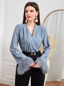 Modelyn Surplice Neck Fuzzy Cuff Blouse - Dusty Blue - View 1