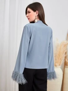 Modelyn Surplice Neck Fuzzy Cuff Blouse - Dusty Blue - View 2