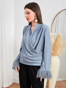 Modelyn Surplice Neck Fuzzy Cuff Blouse - Dusty Blue - View 4