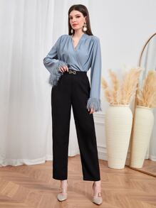 Modelyn Surplice Neck Fuzzy Cuff Blouse - Dusty Blue - View 5