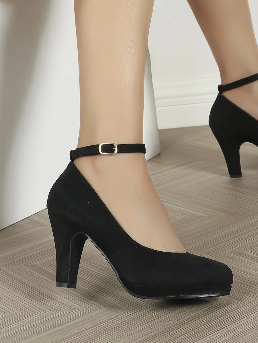 女士踝带粗跟鞋，绒面革圆头舒适性感派对礼服高跟鞋，厚底优雅高跟鞋，黑色绒面革高跟鞋，百搭户外鞋，女士厚底高跟鞋