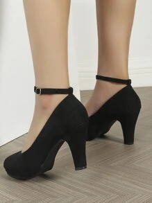 女士踝带粗跟鞋，绒面革圆头舒适性感派对礼服高跟鞋，厚底优雅高跟鞋，黑色绒面革高跟鞋，百搭户外鞋，女士厚底高跟鞋