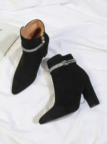 Rhinestone Decor Side Zipper Chunky Boots - Black - View 1