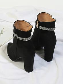 Rhinestone Decor Side Zipper Chunky Boots - Black - View 2