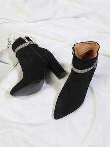 Rhinestone Decor Side Zipper Chunky Boots - Black - View 3