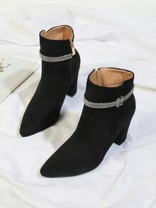 Rhinestone Decor Side Zipper Chunky Boots - Black - View 4