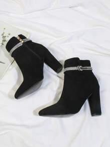 Rhinestone Decor Side Zipper Chunky Boots - Black - View 5