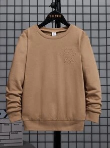 SHEIN Tween Boys Casual Crew Neck Long Sleeve Cartoon Embroidery Pullover Sweatshirt - Khaki - View 1