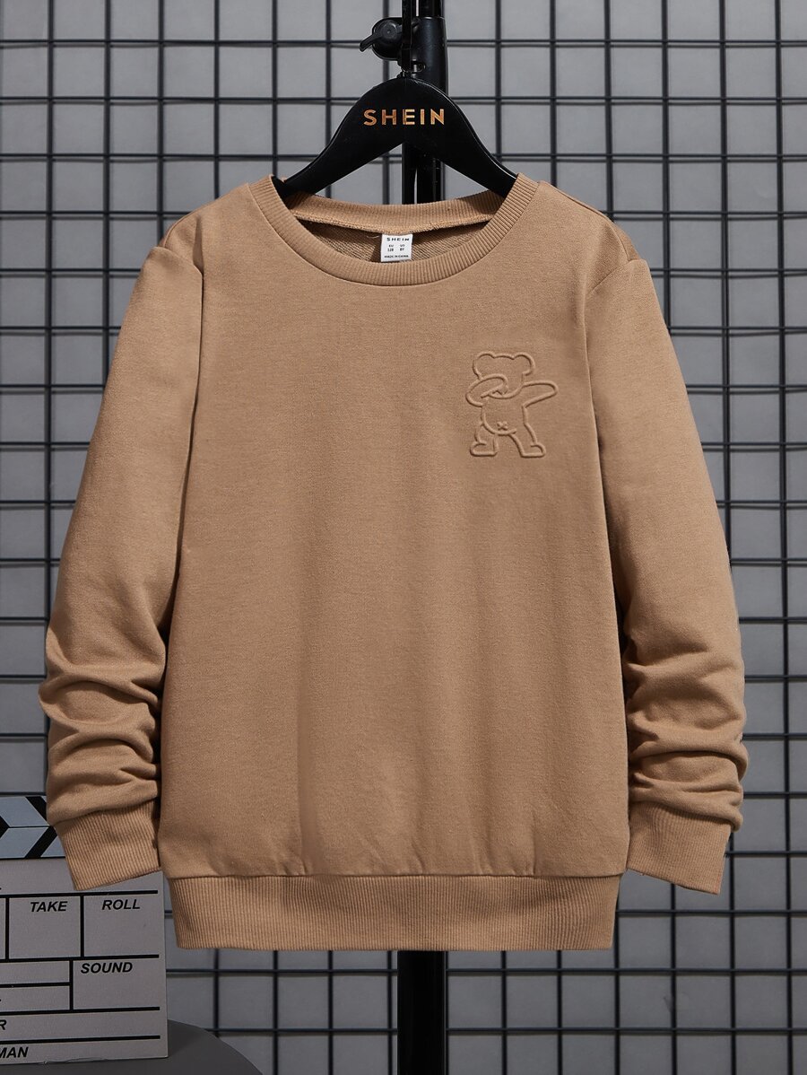 SHEIN Tween Boys Casual Crew Neck Long Sleeve Cartoon Embroidery Pullover Sweatshirt - Khaki - View 1