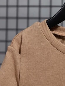 SHEIN Tween Boys Casual Crew Neck Long Sleeve Cartoon Embroidery Pullover Sweatshirt - Khaki - View 4