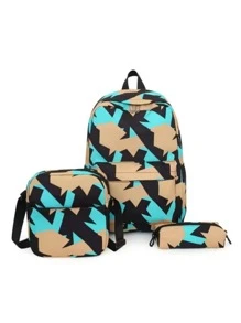 3pcs Colorblock Backpack Set With Pen Case - Multicolor - View 1
