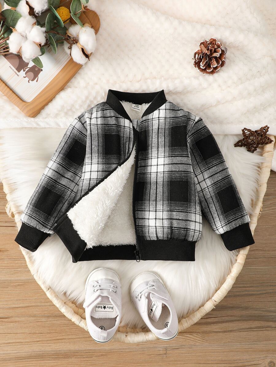 Bebé Cazadora tipo bomber de cuadros con forro teddy con cremallera - Blanco y Negro - Ver 1