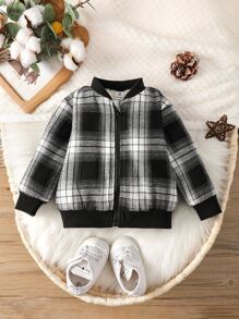 Bebé Cazadora tipo bomber de cuadros con forro teddy con cremallera - Blanco y Negro - Ver 6