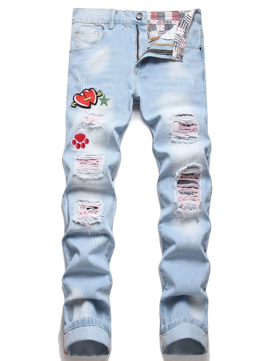 Hombres Jeans desgarro con bordado de corazón - Lavado ligero - Ver 1