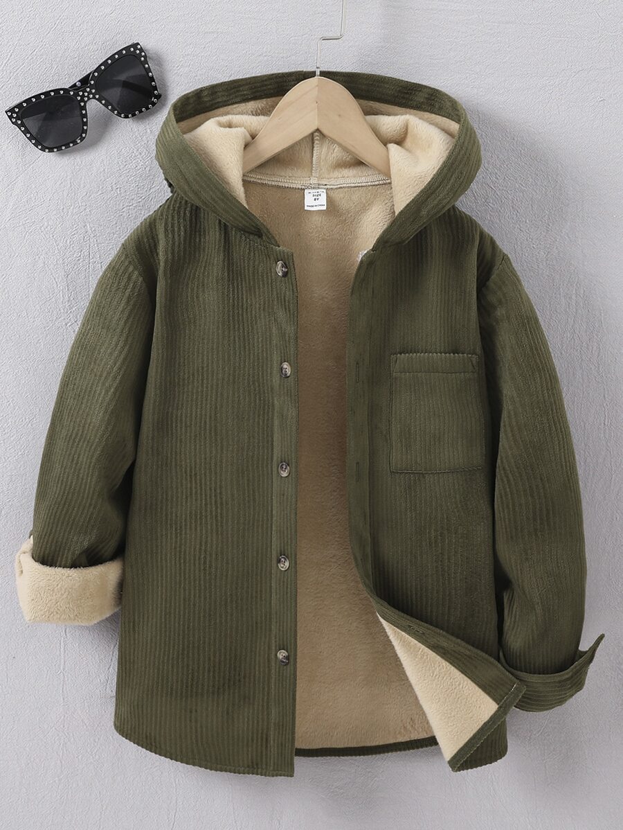 男孩補丁貼口袋毛絨內襯連帽襯衫