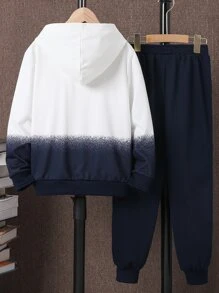 男孩字母圖案撞色連帽衫和運動褲無襯衫 - 藍白色 - 查看 2
