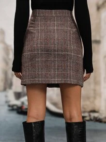 SHEIN Clasi Váy nữ Gân đan Nút phía trước Sọc ca rô Giải trí - Cà phê nâu - Xem 2