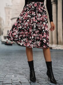 SHEIN VCAY Allover Floral Print Tie Front Skirt - Multicolor - View 6