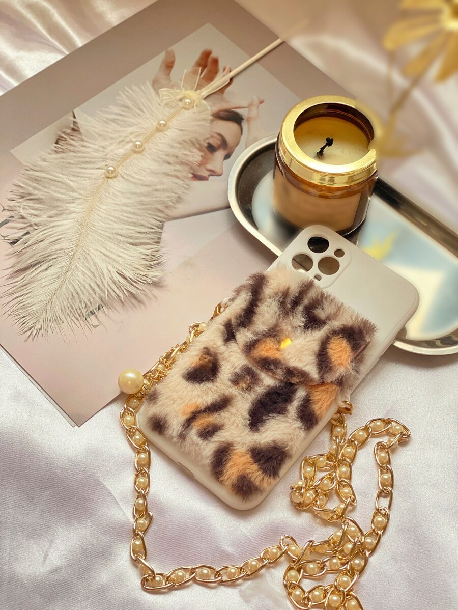 Phone Case With Leopard Fluffy Card Bag & Lanyard - Multicolor - View 1