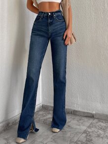 RueChic Casual Washed Split Hem Jeans - Blue - View 1