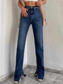 RueChic Casual Washed Split Hem Jeans - Blue - View 3