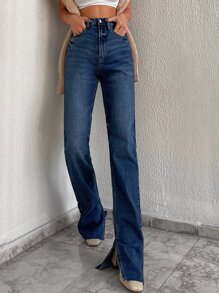 RueChic Casual Washed Split Hem Jeans - Blue - View 4