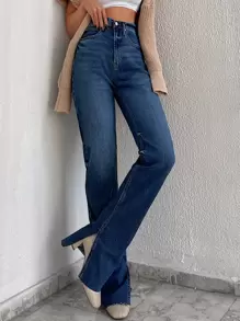 RueChic Casual Washed Split Hem Jeans - Blue - View 5